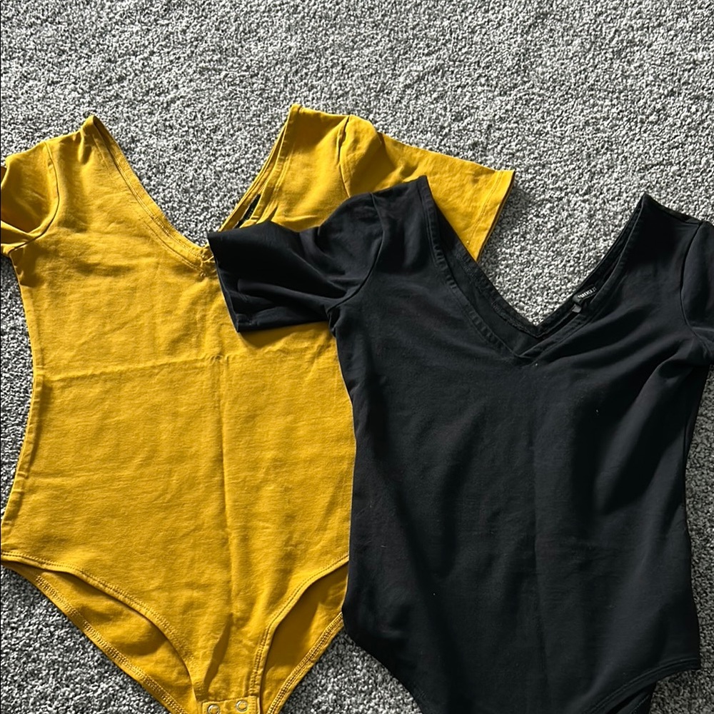 Forever 21 Yellow and Black Short Sleeve Bodysuits